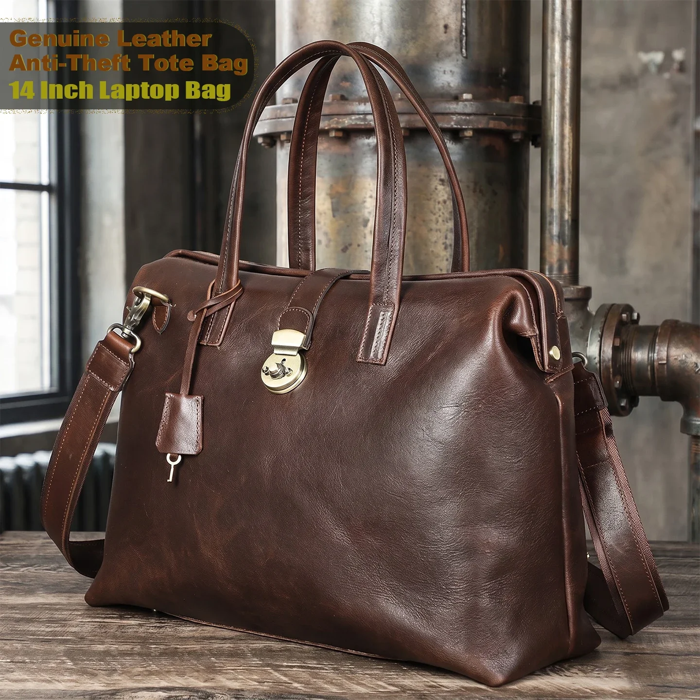 Vintage Full Grain Genuine Leather Briefcase, High End Unisex Business Handbag Shoulder Crossbody Tote Bag For 14 Inch Laptop