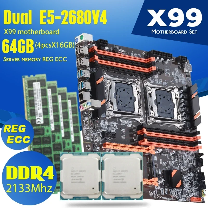 

Atermiter Dual X99 Motherboard With 2011-3 XEON E5 2680 V4*2 With 4pcs X 16GB = 64GB DDR4 2133MHz Memory Combo Kit