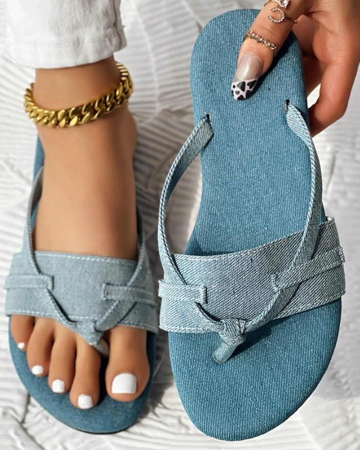 

Denim Flip Flops Wide Strap Slippers