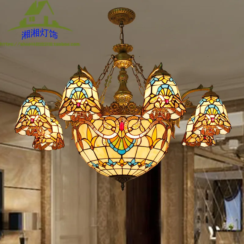 Multi-head chandelier European retro glass bar restaurant chandelier creative pastoral bedroom glazed lamp