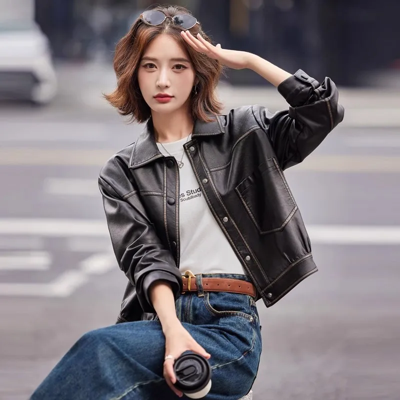 Damski płaszcz ze skóry naturalnej, casualowy, wysokiej jakości, luźny krój, długi rękaw, do pracy, Guangzhou Thirteenth Fac.