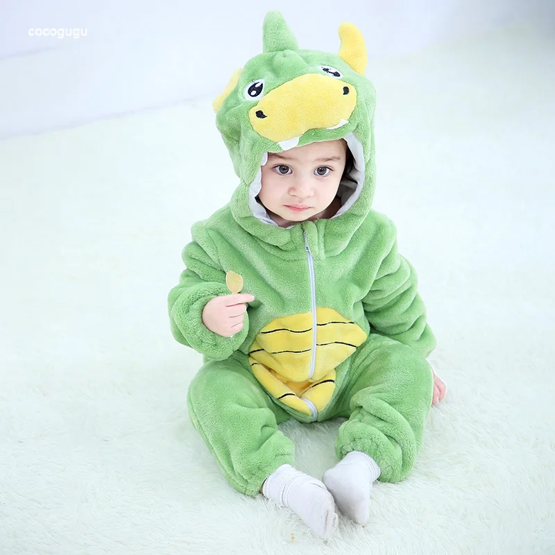 

Green Dino Romper Baby Boy Girl Pajama Newborn Bebe Clothes Cute Bodysuits Flannel Warm One-piece Winter Halloween Animal Outfit