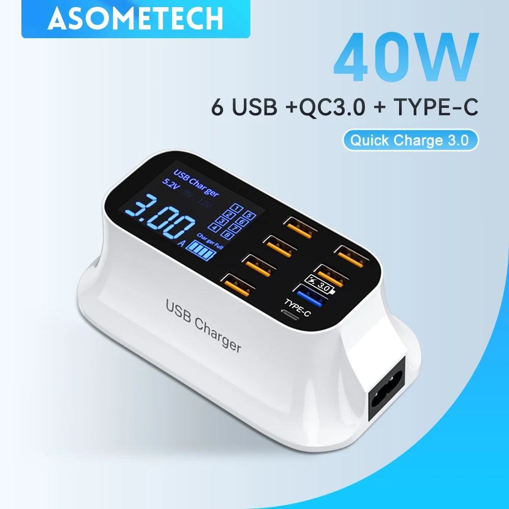 40W USB Charger 8 Ports LCD Display Type C Charger Quick Charge 3.0 Portable Charger for IPhone 14 13 12  Pro Max Xiaomi Samsung