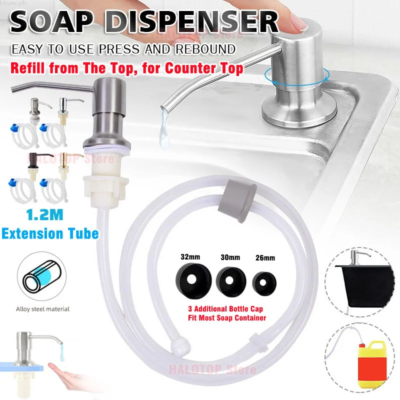 

Stainless Steel Soap Dispenser with 1.2M Extension Tube for Kitchen Sink Counter Top, Hand Press Pump Dish Soap Lotion Detergent