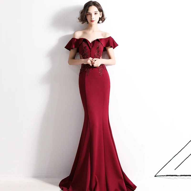 Elegant Burgundy Evening Dresses Boat Neck Off-The Shoulder Beaded Appliques Slim Mermaid Dress Women\'s Formal Maxi Gowns