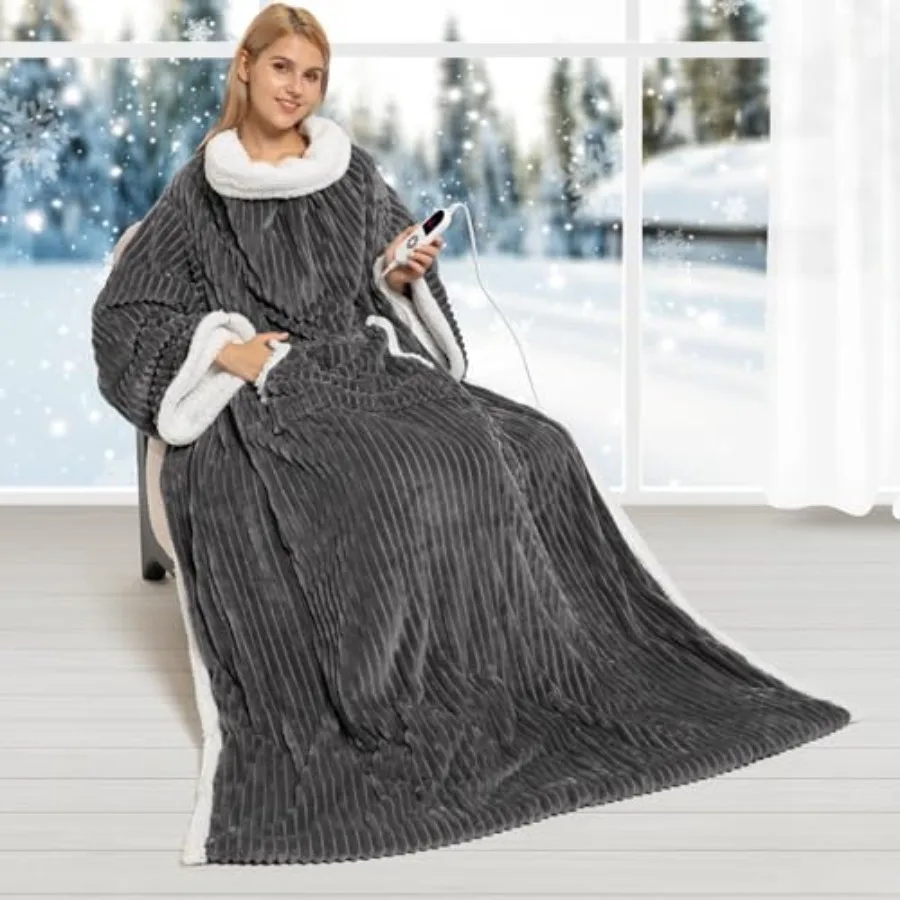 

Electric Blanket Heated Throw, Soft Flannel and Sherpa Wearable Heated Blanket with Sleeves, Heatg Wearable Blanket with 6 Heat