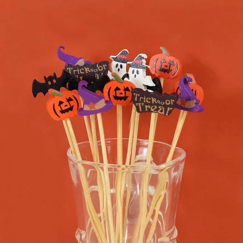 50/100pcs Halloween Pumpkin Bamboo Skewers Fruit Forks Buffet Dessert Toothpicks Cocktail Stick Ghost Bat Halloween Decoration