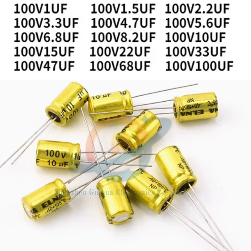 10pcs gold non-polar electrolytic capacitor NP100v 1/2.2/3.3U/4.7/10/15/22/33/47uf 8 * 12