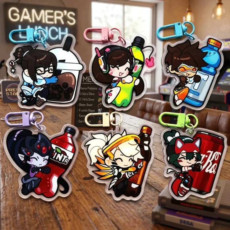 Overwatch Hana Song 5cm Drink Theme Acrylic Keychains Hero Character Bag Charms Backpack Pendants Daily Decor Accessories Gifts