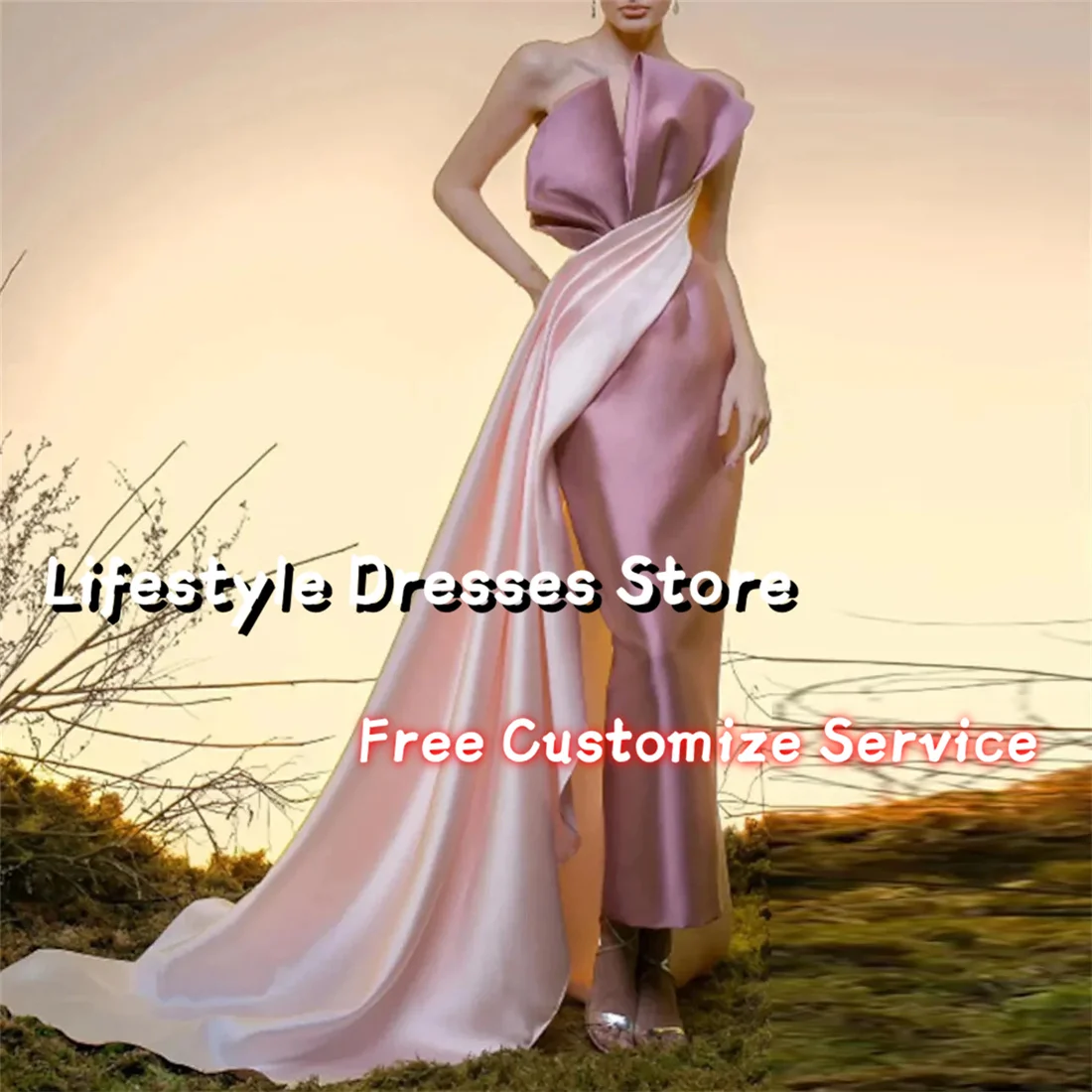 

Elegant Pink Engagement Formal Dress Strapless Sleeveless Satin with Ruched Draping Evening Prom Dress robes de soirée