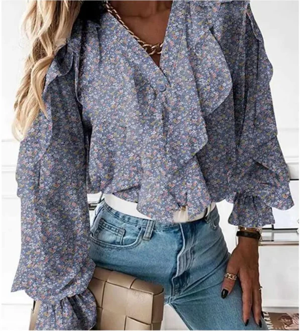 2021 The New Women Ladies Chiffon Ruffle Bell Sleeve Loose Shirt Top Summer Blouse Tops