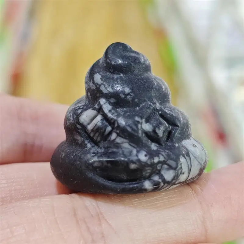 Natural Black Network Stone Poop Carving Healing Crystal Gemstone Collectible Home Decoration Gift 1PCS