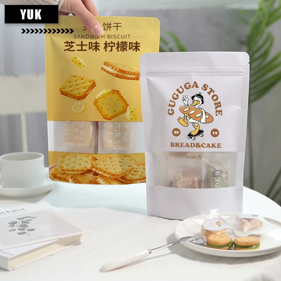 أكياس تغليف البسكويت الغذاء الصف جودة عالية دفعة صغيرة التعبئة والتغليف المخصصة قابلة لإعادة الاستخدام نافذة سستة الدائمة أكياس ورق الكرافت #3