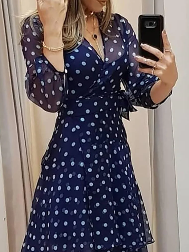 Polkadot impressão em camadas babados maxi dr ele longo vestido de noite feminino faion outono 2023 outro material 00%