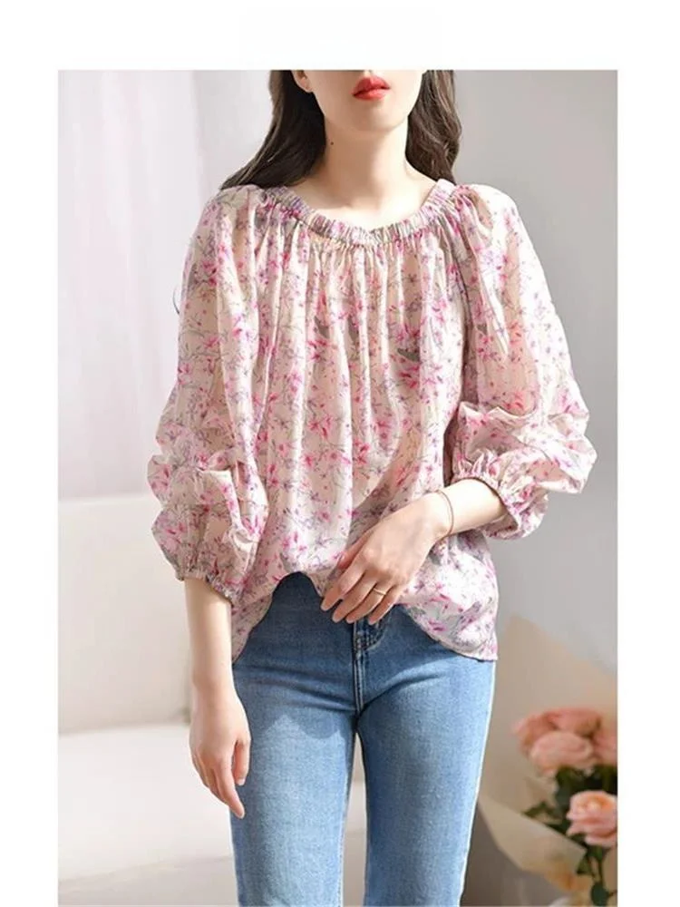 Spring Fashion Loose Floral Print Chiffon Shirt Women's Design Show Clavicle Thin Cleanfit Style Short Sleeve Top