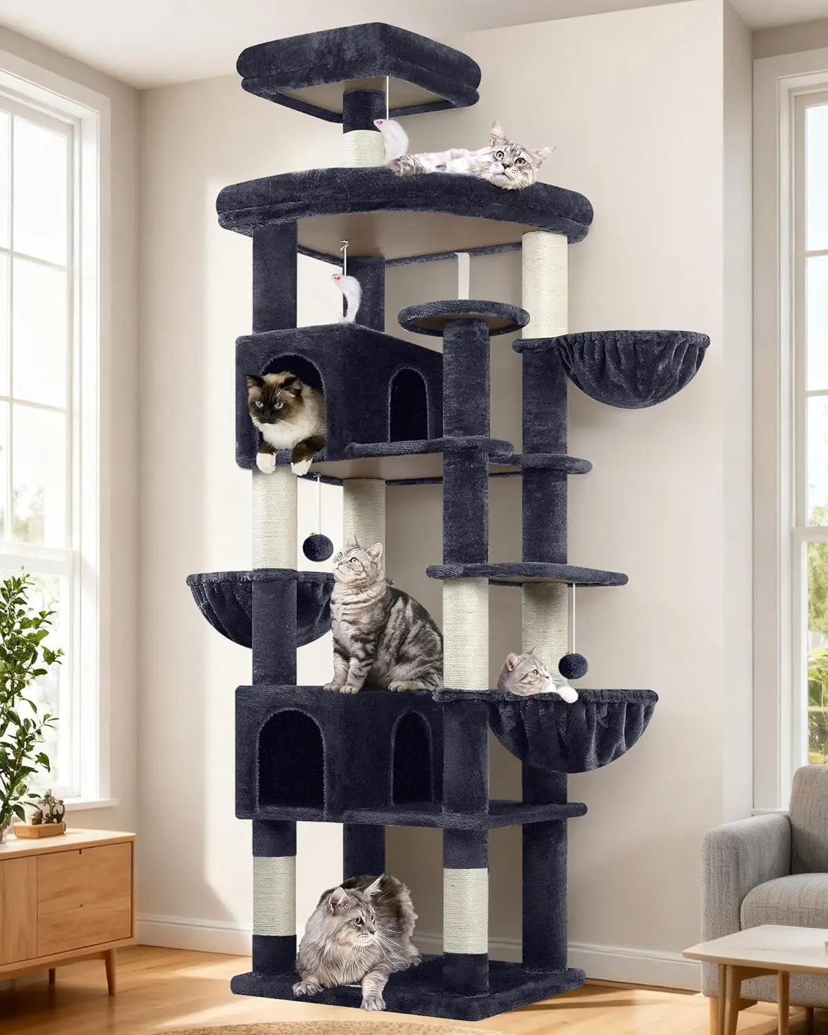 

Очень большая 82-дюймовая лежанка-когтеточка для кошек с 8 столбиками для царапания, 2 домиками, 2 площадками для отдыха, 3 подвесными корзинами для домашних кошек