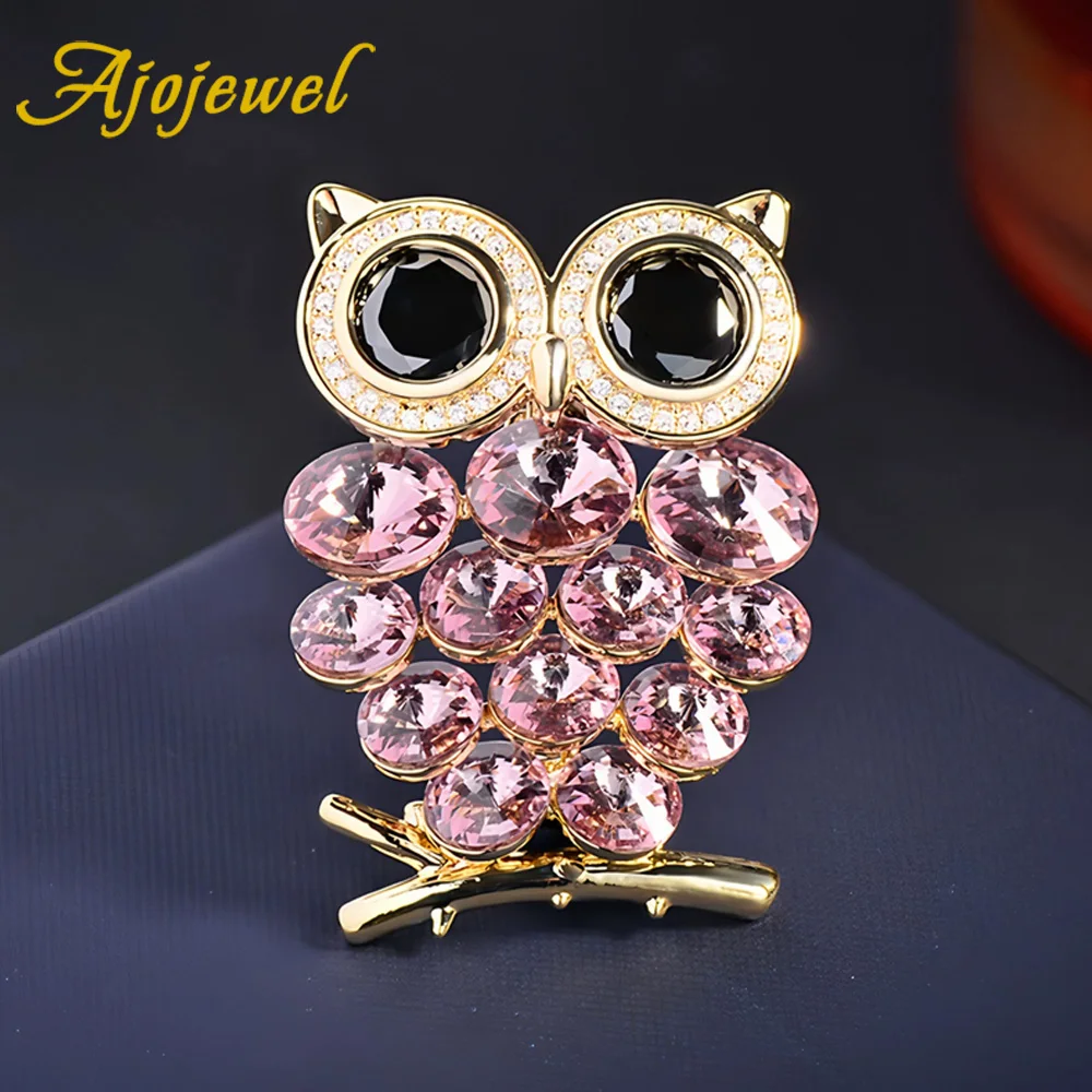Ajojewel Cute Pink Crystal Owl Brooch With Rhinestones Animal Jewelry Corsage Pin For Clothes Kids Gifts
