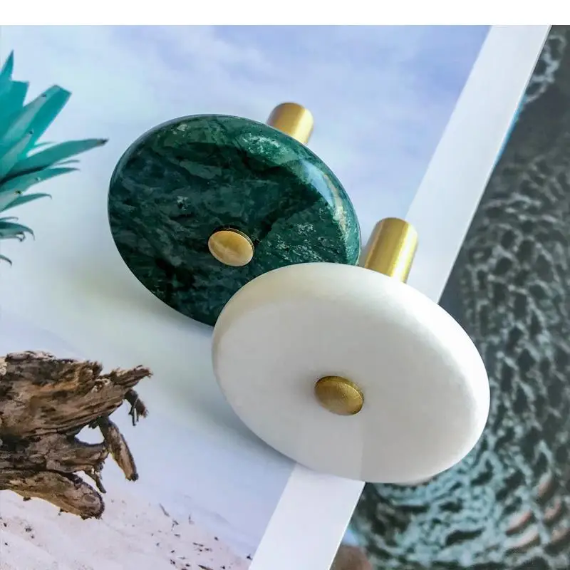 Northern Europe White Green Marble Brass Hook Home Living Room Wall Hanging Round Decorative Clothes Cap Storage Hooks