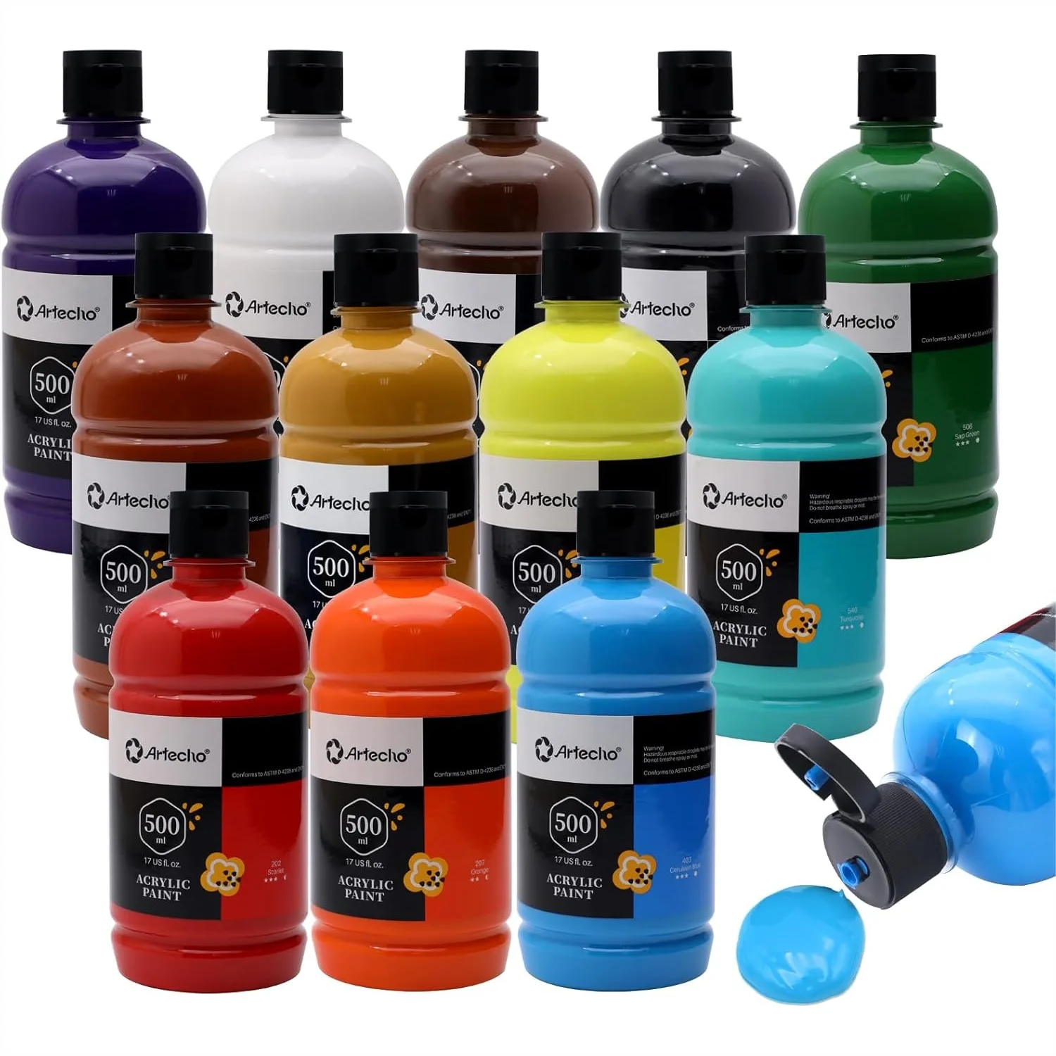 

12 Colors Acrylic Paint Set 500ml/17oz Bottles for Canvas, Wood, Fabric, Ceramic, Craft Projects with Vivid Pigments and Gloss