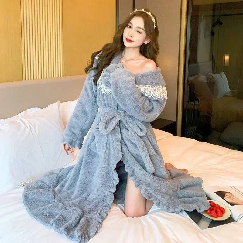 2023 Winter Long Sleeve Thick Warm Flannel Kimono Robes for Women Cute Lace Bathrobes Sleepwear Bath Robe Nightdress Night Dress