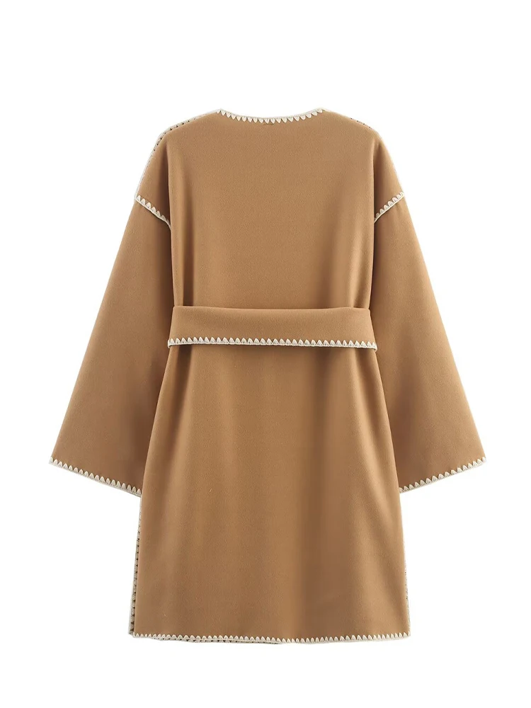 HH Women's Autumn Fashion Versatile V-neck Shell Craft Belt Woolen Jacket Female Temperament High Street Casual Pockets Coat