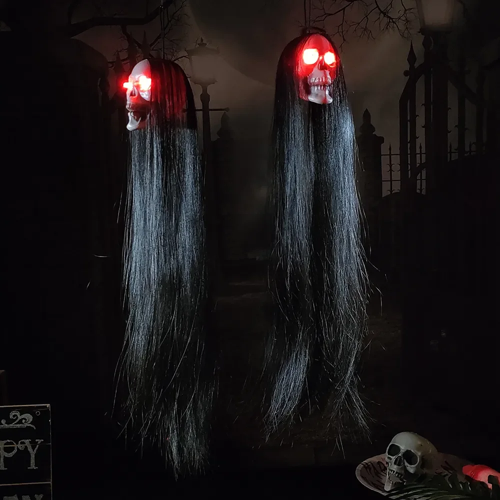 Halloween-Geisterkopf mit Langen Haaren und Leuchtenden Augen, Gruseliges Skelett-Kopf-Deko für Spukhaus, Party, Outdoor und Garten ﻿ – Detail 2