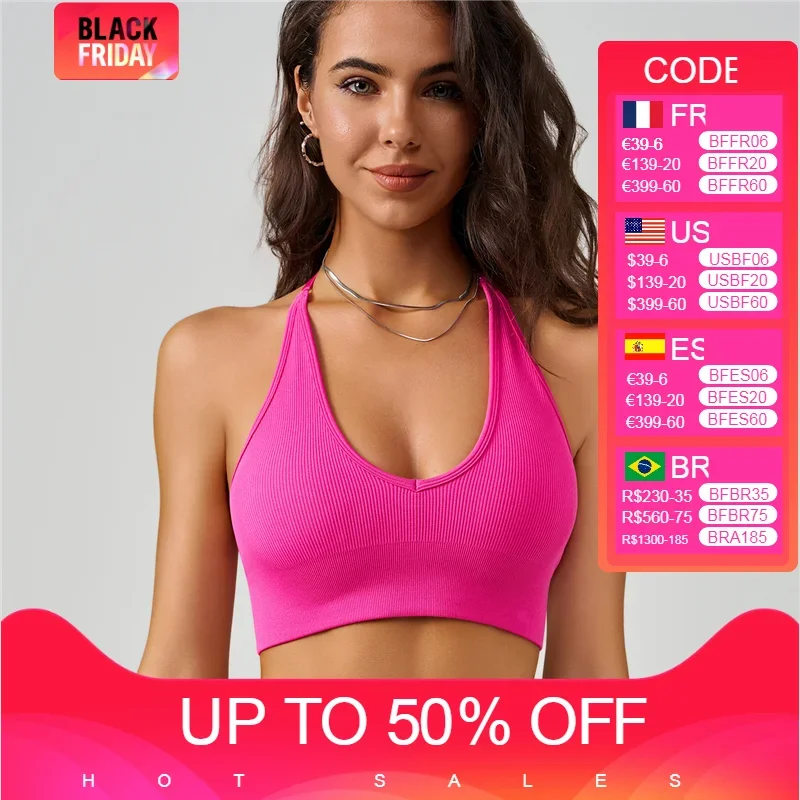 

Seamless Sexy U-neck Ribbed Fitness Bra Halter Top Backless Gym Yoga Bra Padded Casual Workout Top Summer Female Active Bralette