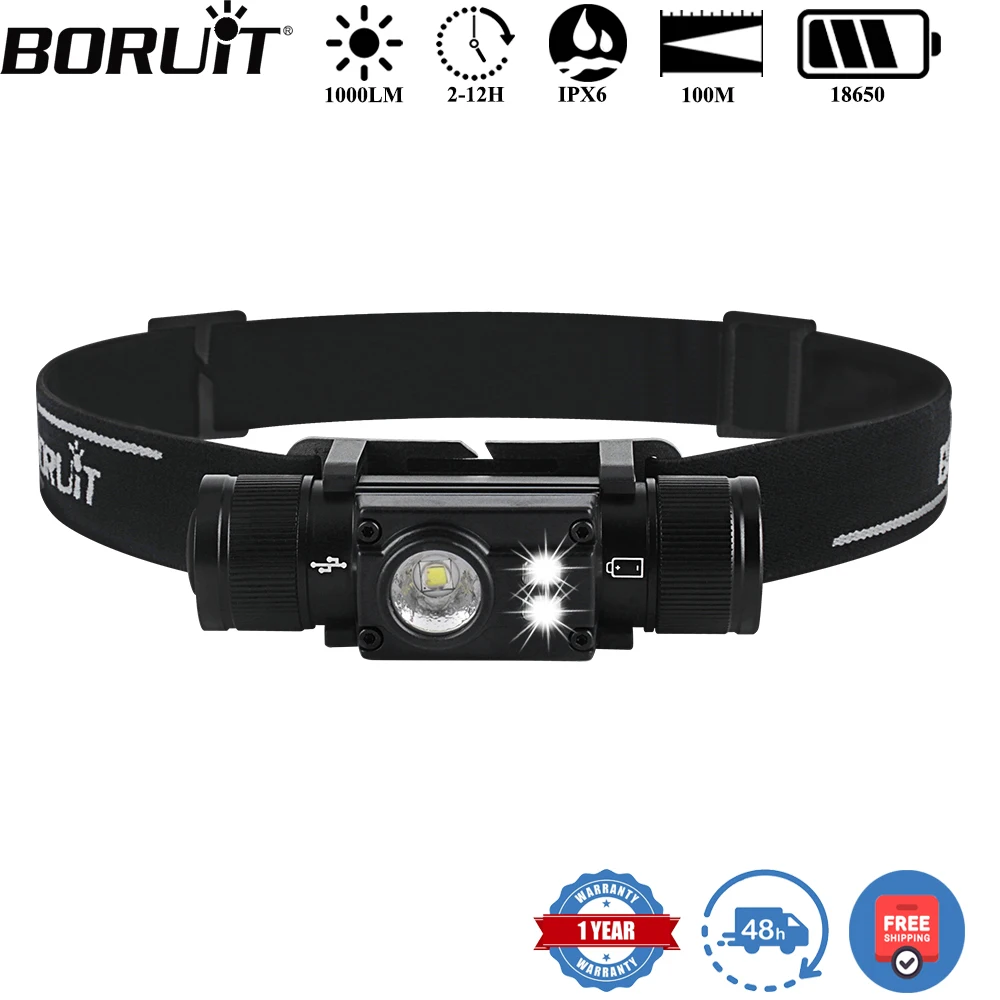BORUiT HP500 1000LM LED كشافات نوع C قابلة للشحن 18650 المصباح مقاوم للماء في الهواء الطلق التخييم الصيد رئيس الشعلة