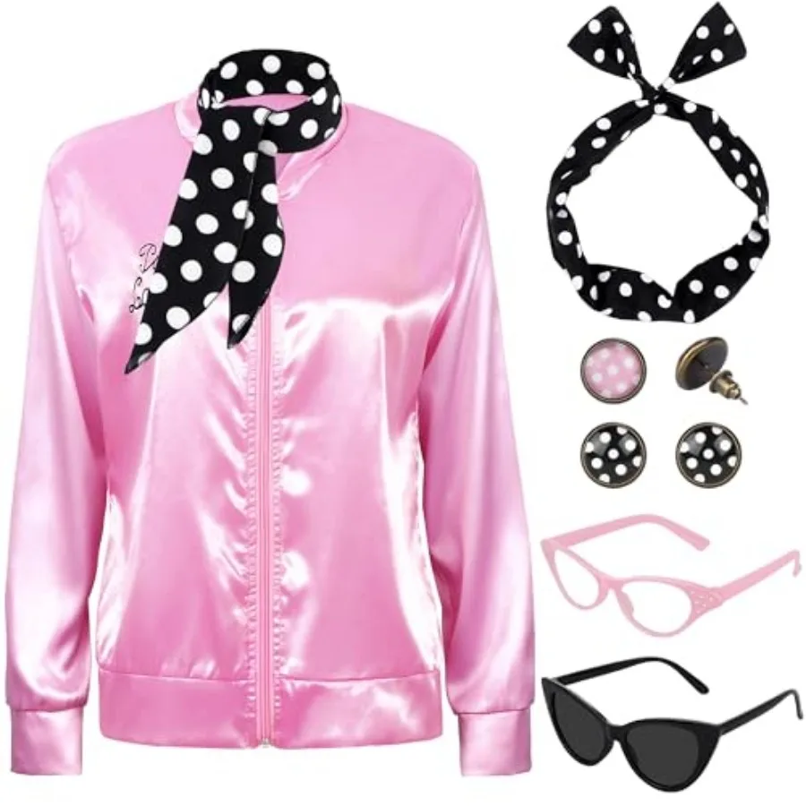 

1950s Pink Satin Jacket with Neck Scarf Headband Earrings Cat Eye Glasses Halloween Cosplay Costume Set for Women Girl