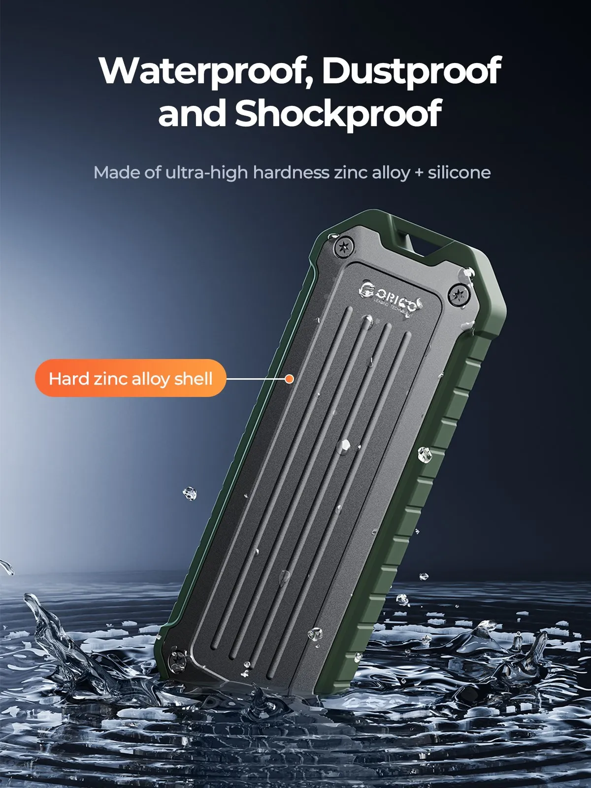 ORICO Portable M.2 NVMe SATA SSD Case Zinc Alloy Waterproof Shockproof Enclosure 10Gbps with Lanyard Heatsink for Outdoor Travel