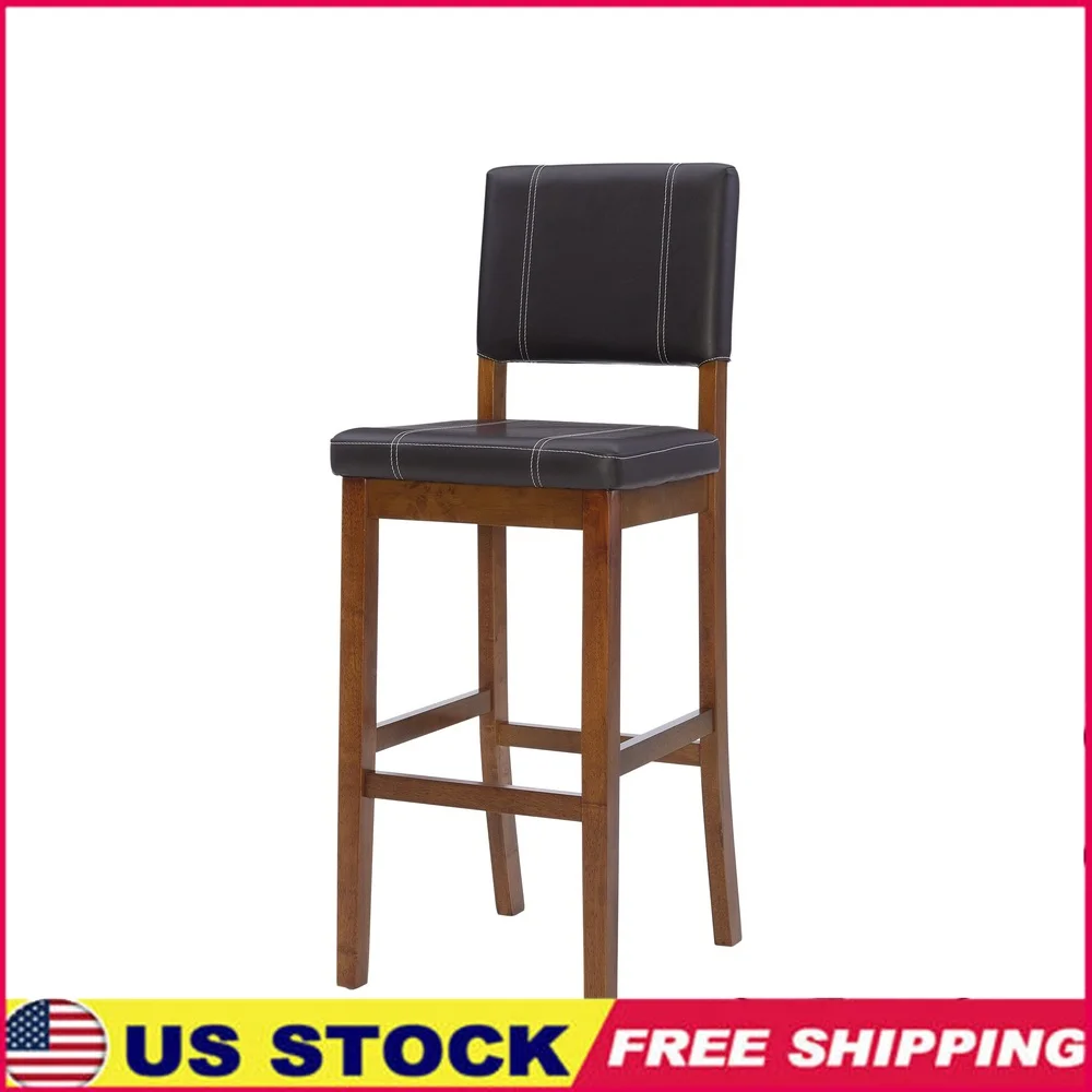 

30 Inch Bar Stool Faux Leather Upholstered Padded Seat Solid Wood Frame Backrest Indoor Use Kitchen Dining Home Bar
