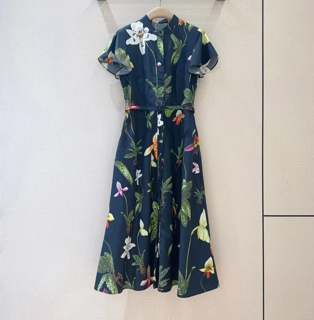 

Designer Brand Floral printed elegant stand collar belt woe midi dresses 2025 summer short sleeve long dress