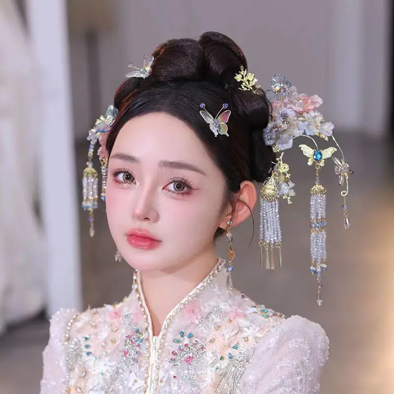 Elegance Light Color Retrob Chinese Hairpins Traditional Hair Accessory  Xiuhe Ancient Flower Tassel Costume Hanfu Headdress Set