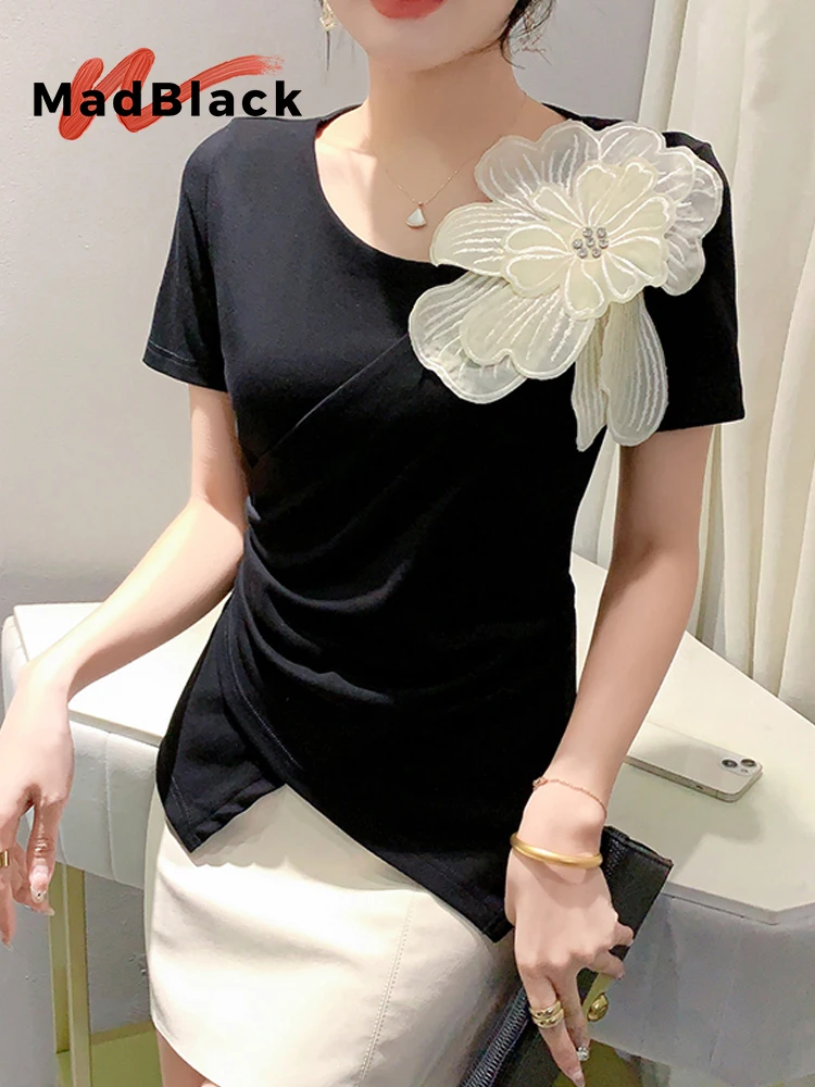 MadBlack-Women European T-Shirt, Sexy Skew Collar Patchwork, Clubwear Short Sleeve Slim Irregular Tee, 2026 Summer New T66405CC