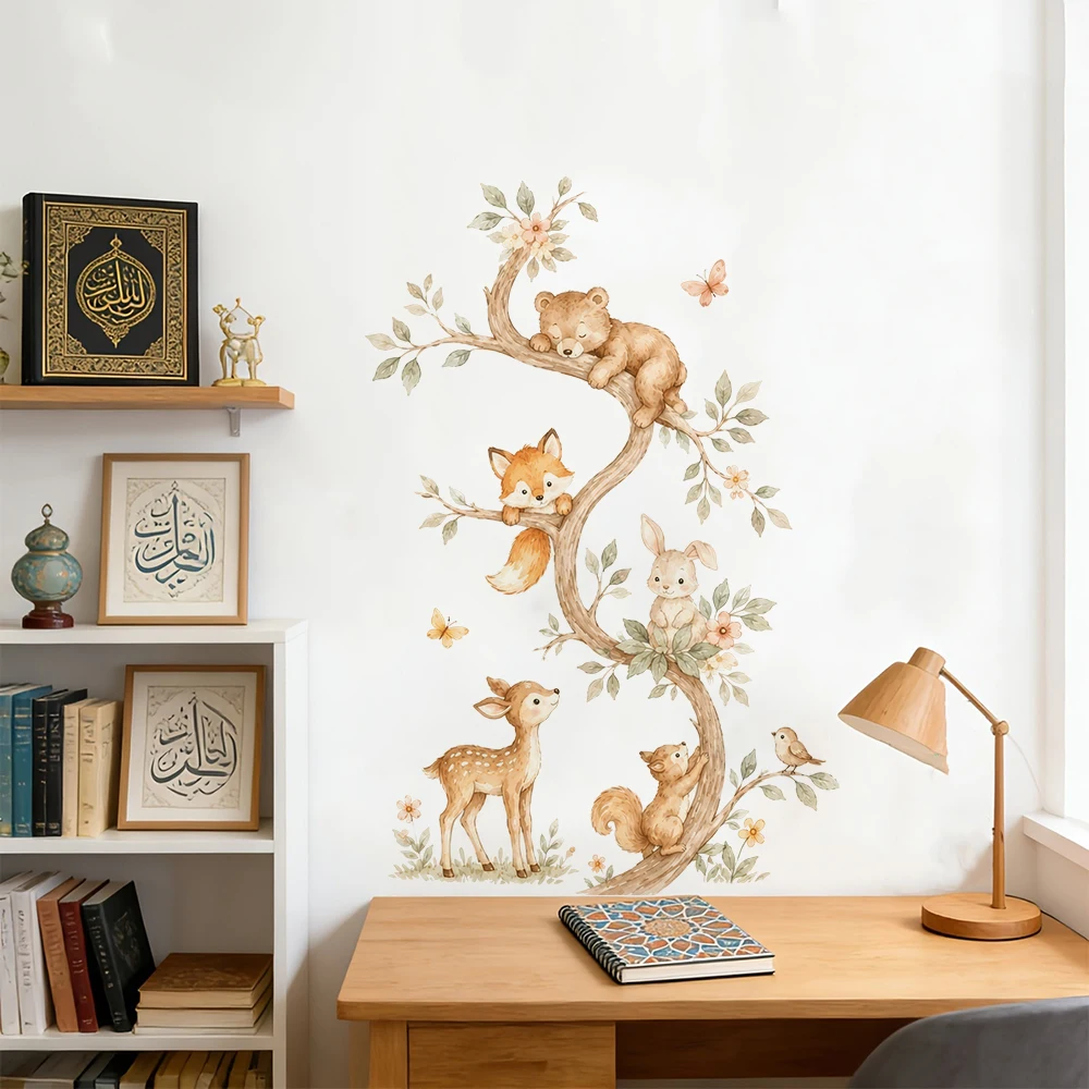 Woodland Animals Tree Wall Stickers Jungle Forest Bear Fox Deer Bunny Wall Decals for Bedroom Playroom Living Room Home Decor