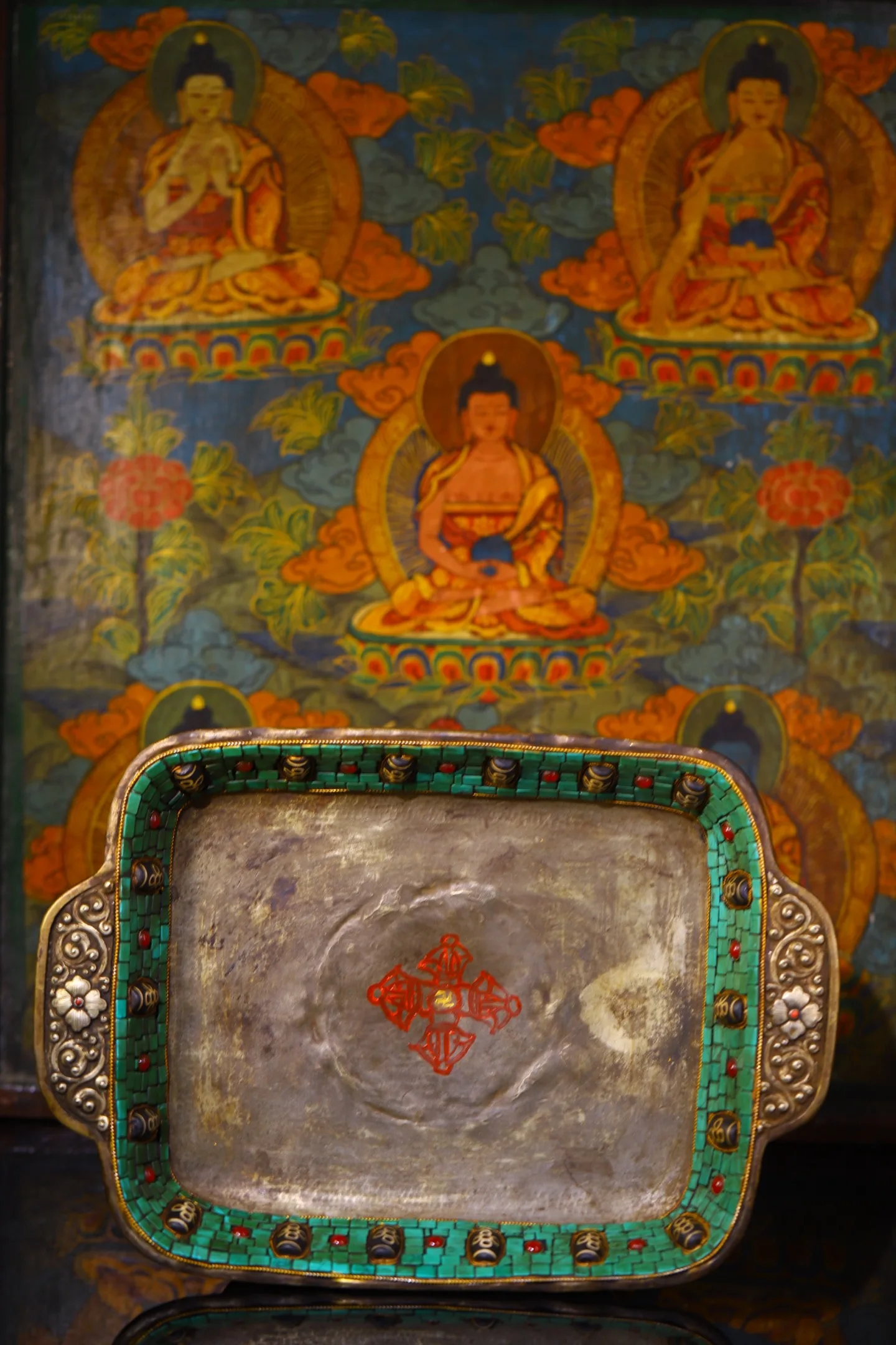 

14"Tibetan Temple Collection Old Bronze Mosaic Gem gZi Beads Turquoise Vajra pattern Supply Plate Buddha Plate Worship Hall