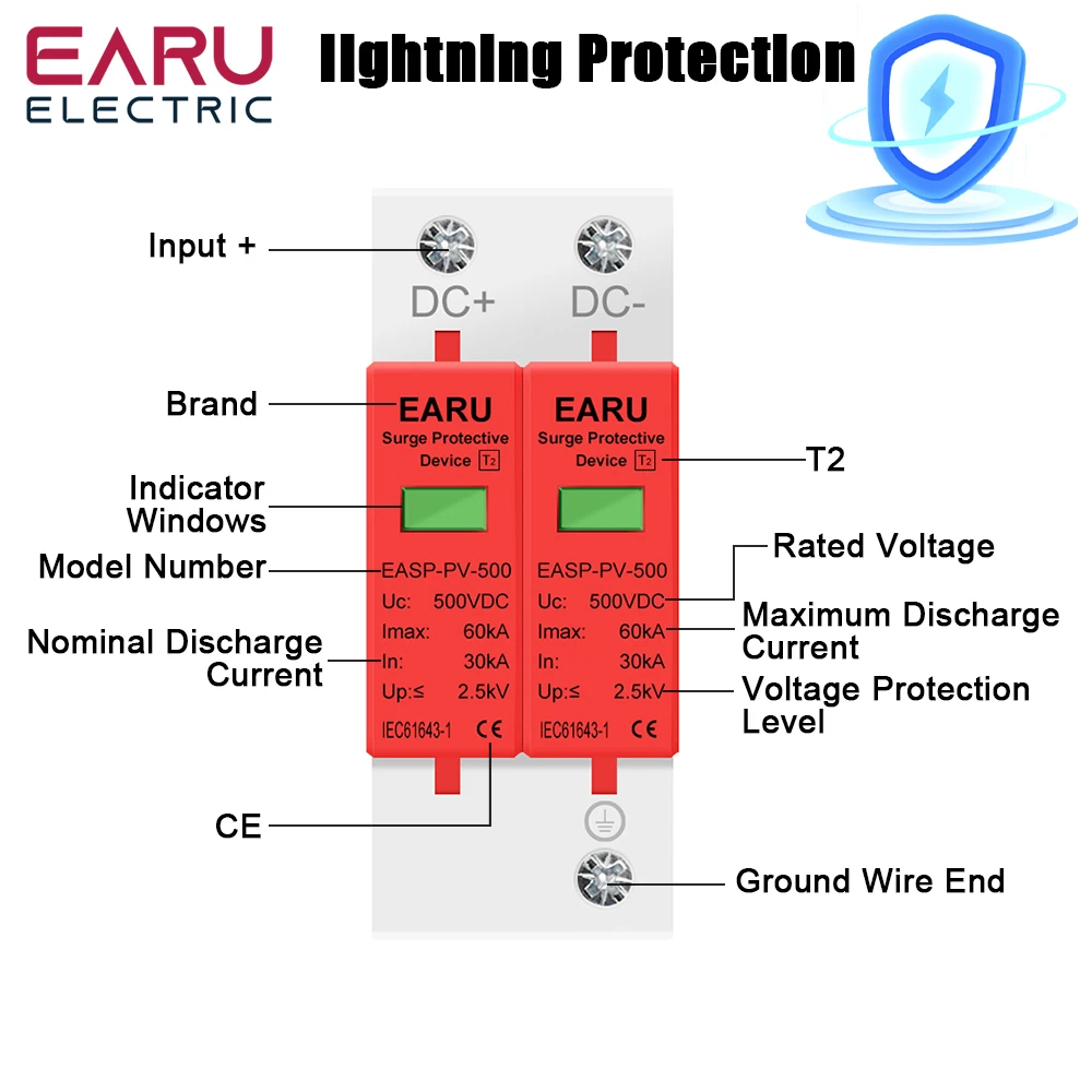 Dispositif de protection contre les surtensions, Parafoudre solaire long photovoltaïque, Protecteur de tension, 2P DC éventuelles D, 500V, 800V, 1000V, 20KA, 30KA, 40KA, 60KA