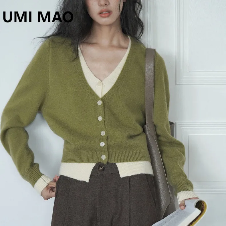 

Топ UMI MAO, зеленый искусственный свитер из двух предметов, новый осенний вязаный кардиган, топ, ленивые высококачественные топы для женщин