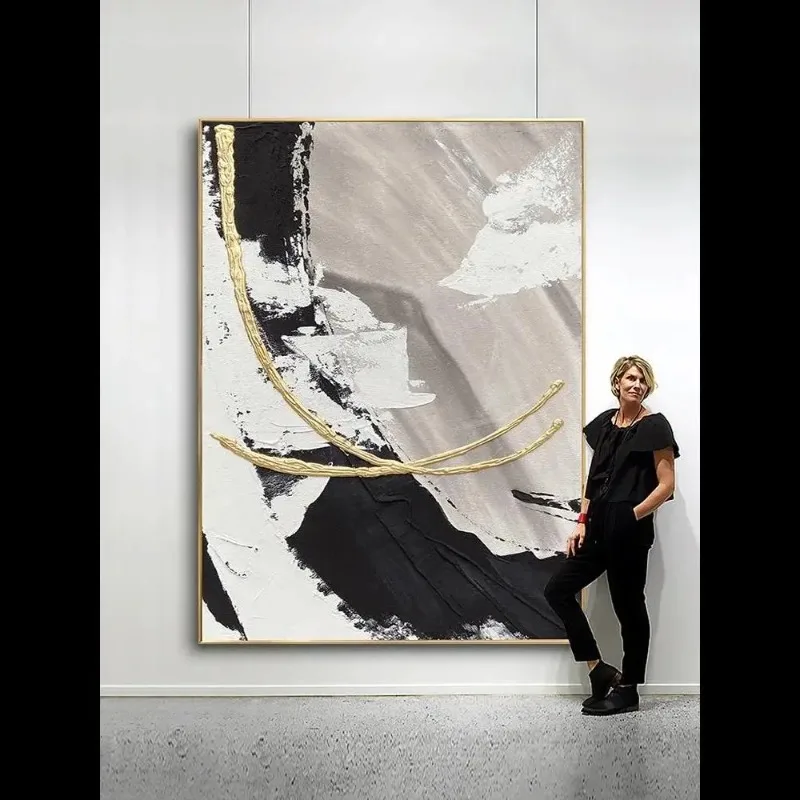 100% Hand Painted Black White Abstract Oil Painting,  Modern Frameless Canvas Wall Art for Living Room and Home Decortive