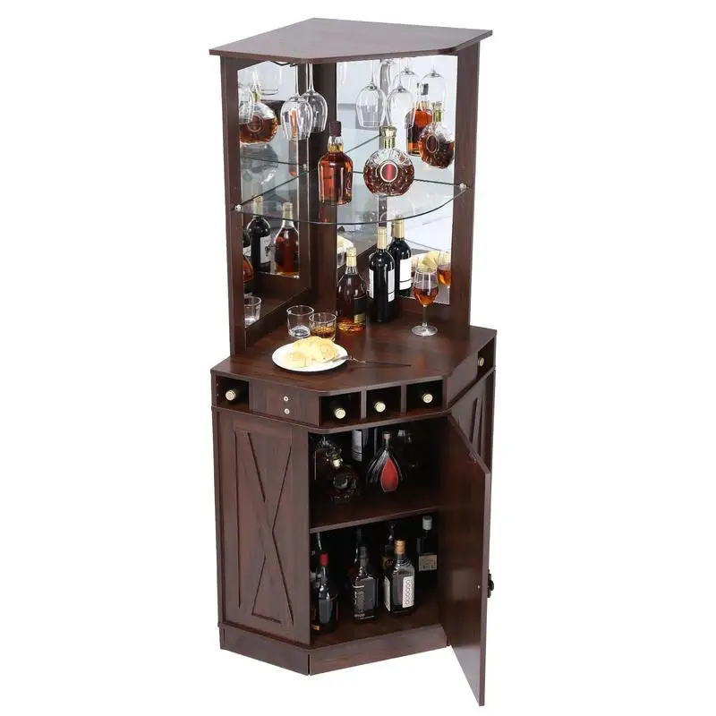 

Corner Bar Sideboard 47-Inch For Living Room Home Bar Kitchen Liquor Glass Storage Wood Texture Coffee Station Industrial Style Black Walnut Finish