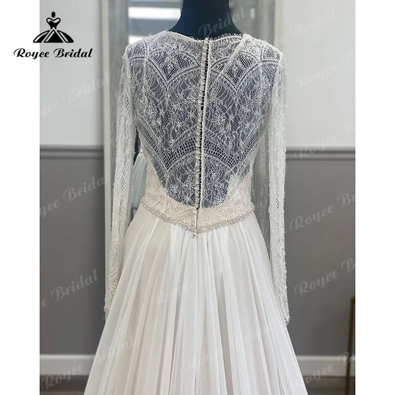 Robe De mariée élégante à manches longues en mousseline De soie, effet d'illusion, col en V, ligne A, pour la plage, sur mesure, style Boho, 2023