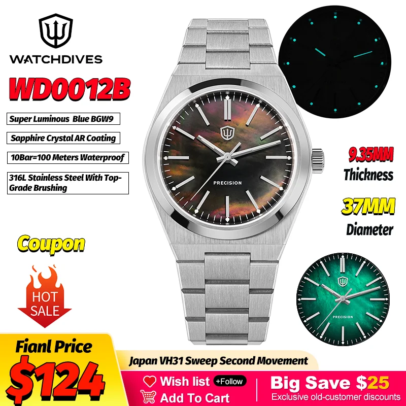 Watchdives WD0012 Schwarze Quarz-Armbanduhren, 37 mm Mops-Zifferblatt, VH31, leuchtendes BGW9-Saphirglas, wasserdicht, 100 m, Edelstahlarmband