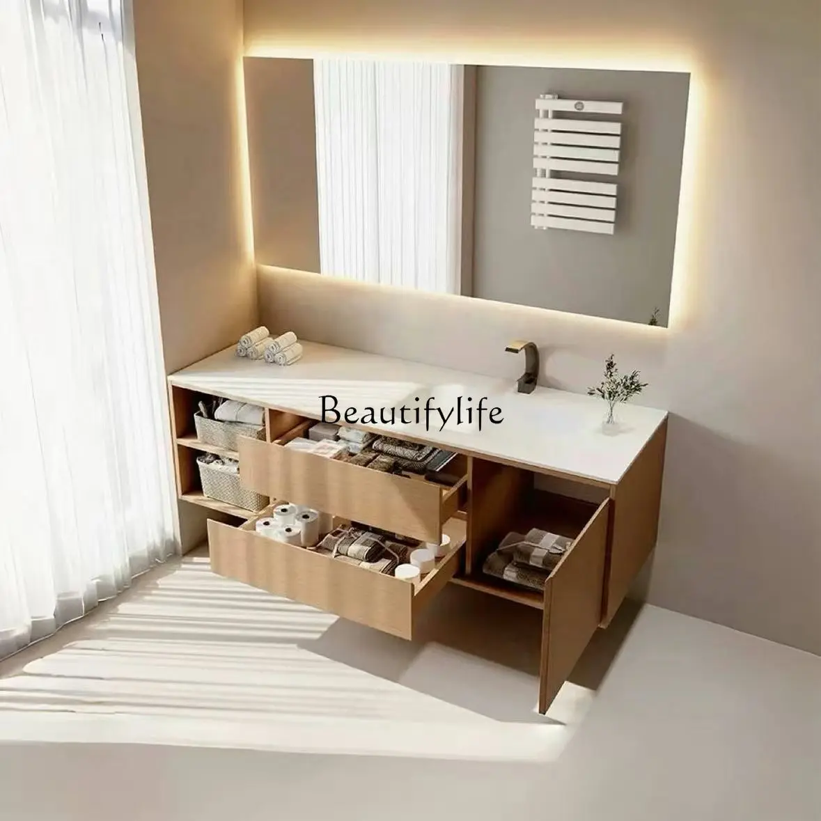 2025 new log wind rock slab seamless ceramic integrated basin bathroom cabinet combination