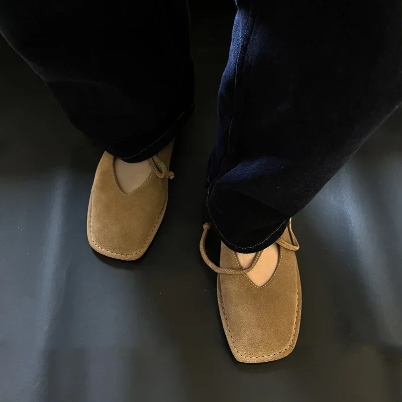 JOZHAMTA Size 34-43 Women Vintage Flats Shoes Suede Real Leather Lace-Up Low Heels 2025 Shoes Classic Suqare Toe Casual Loafers image 4