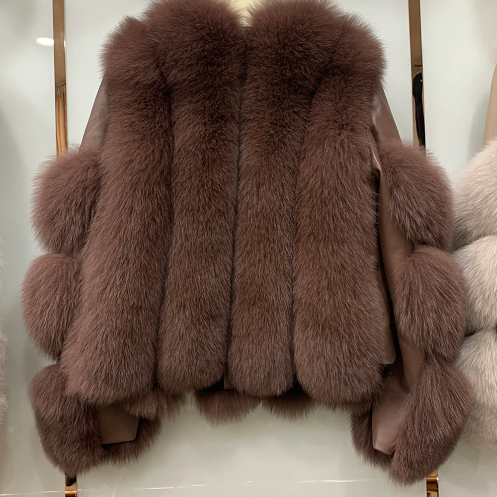 Lady Korte Real Fox Fur Coats Echte Schapenvacht Lederen Jassen Mode Luxe Motorfiets Overjassen Dikke Warme 2022 Winter 7943