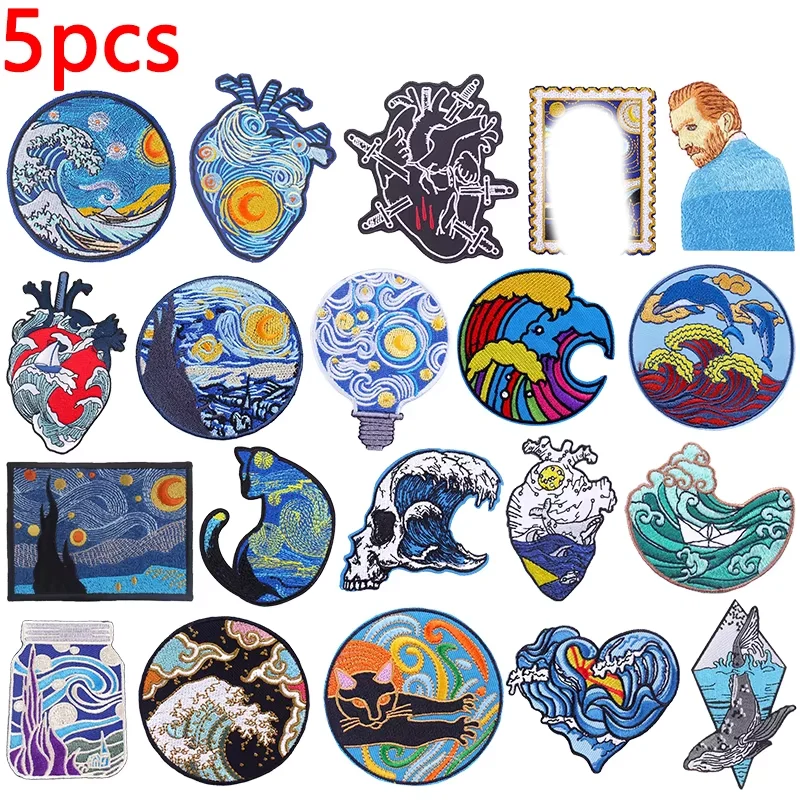 5 Stücke Großhandel Cartoon Patch Herz Welle Stickerei Patch DIY Van Goghs Sternenhimmel Eisen Auf Patches Für Kleidung Nähen Applikation