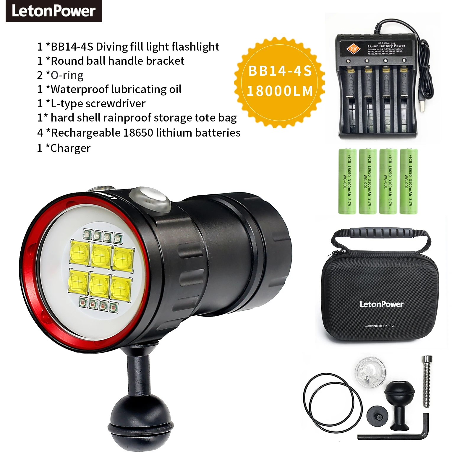 Letonpower Duiken Zaklamp 22800Lumen Rechargeabl Onderwater Verlichting 100M Waterdichte Zaklamp Voor Fotografie Video Fill Light - afbeelding 1