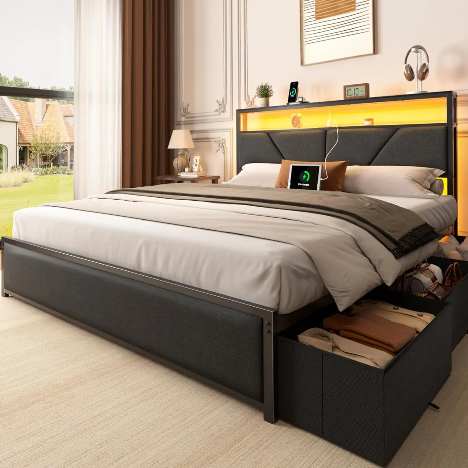 Queen Bed Frame Storage Headboard 6 Drawers LED Charging Station Bedroom Furniture, Customized