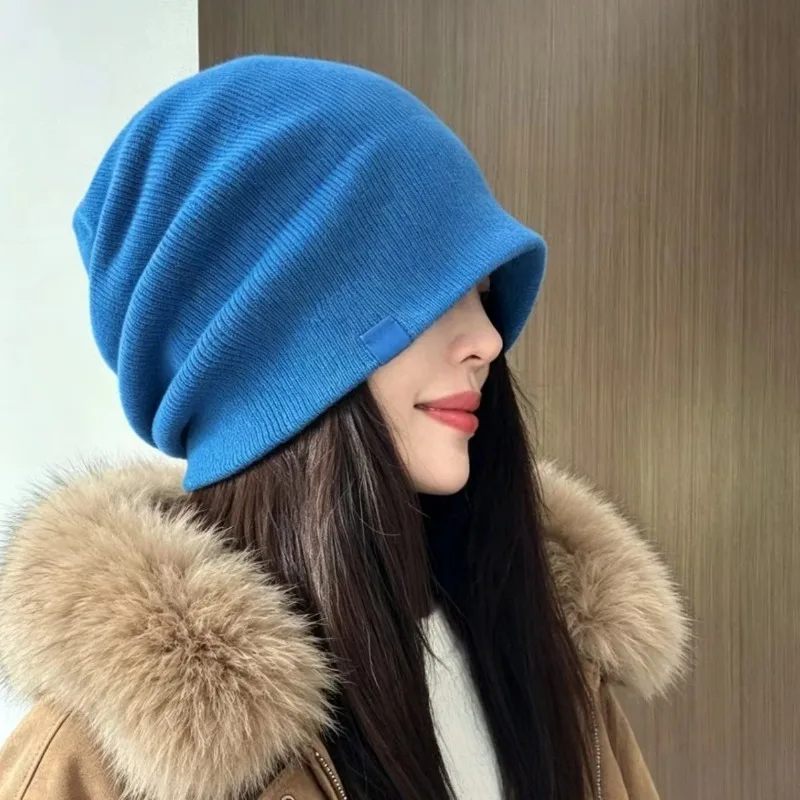 Unisex Solid Color Knit Beanie Autumn Winter 2-Way Wear Loose Simple Warm Skull Cap Casual Basic Knitted Hat