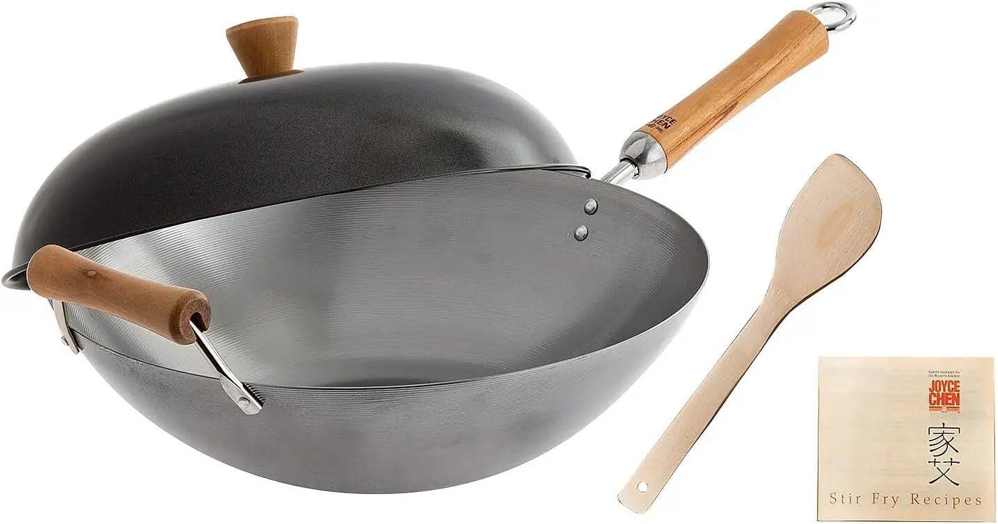 

14-Inch Carbon Steel Wok Set with Lid and Birch Handles, 4 Pieces for High-Heat Cooking